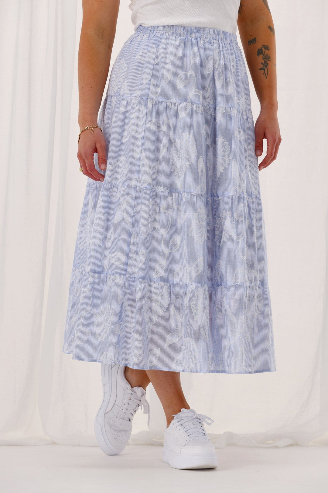 Gloss The Label Halle Tiered Skirt Flocked Blue Stripe
