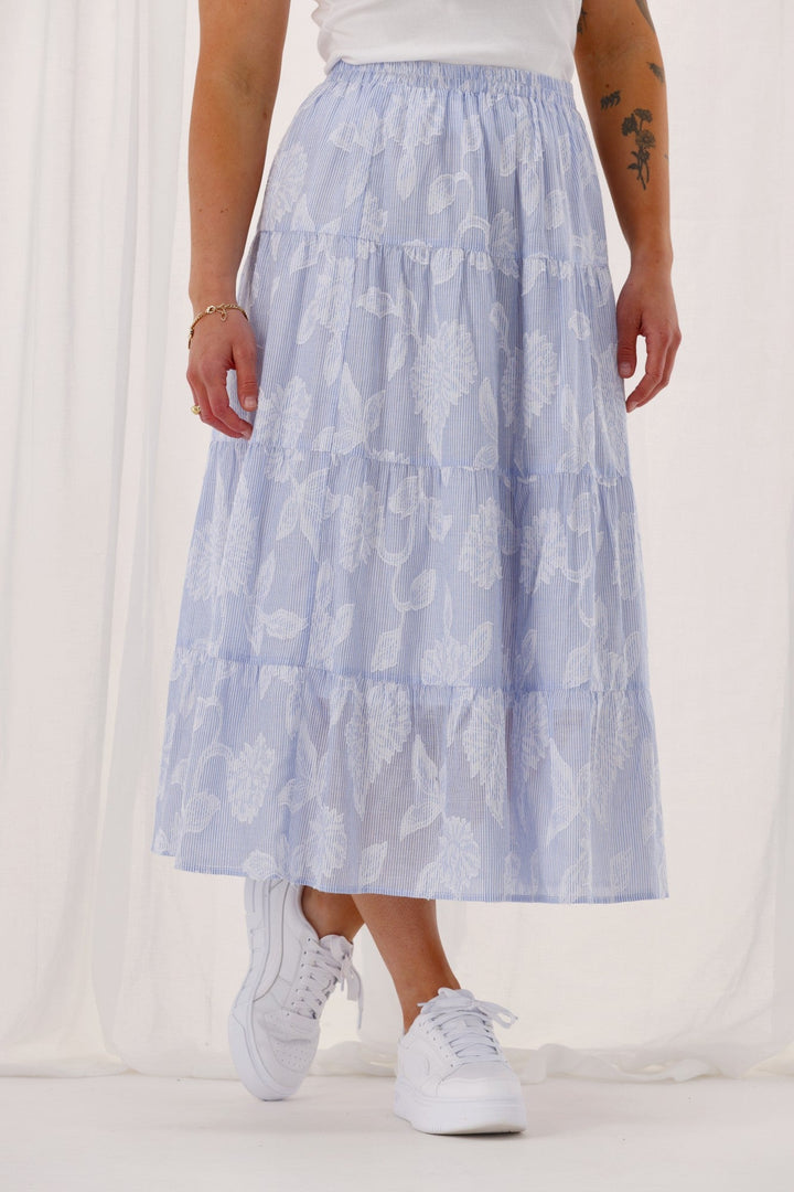 Gloss The Label Halle Tiered Skirt Flocked Blue Stripe