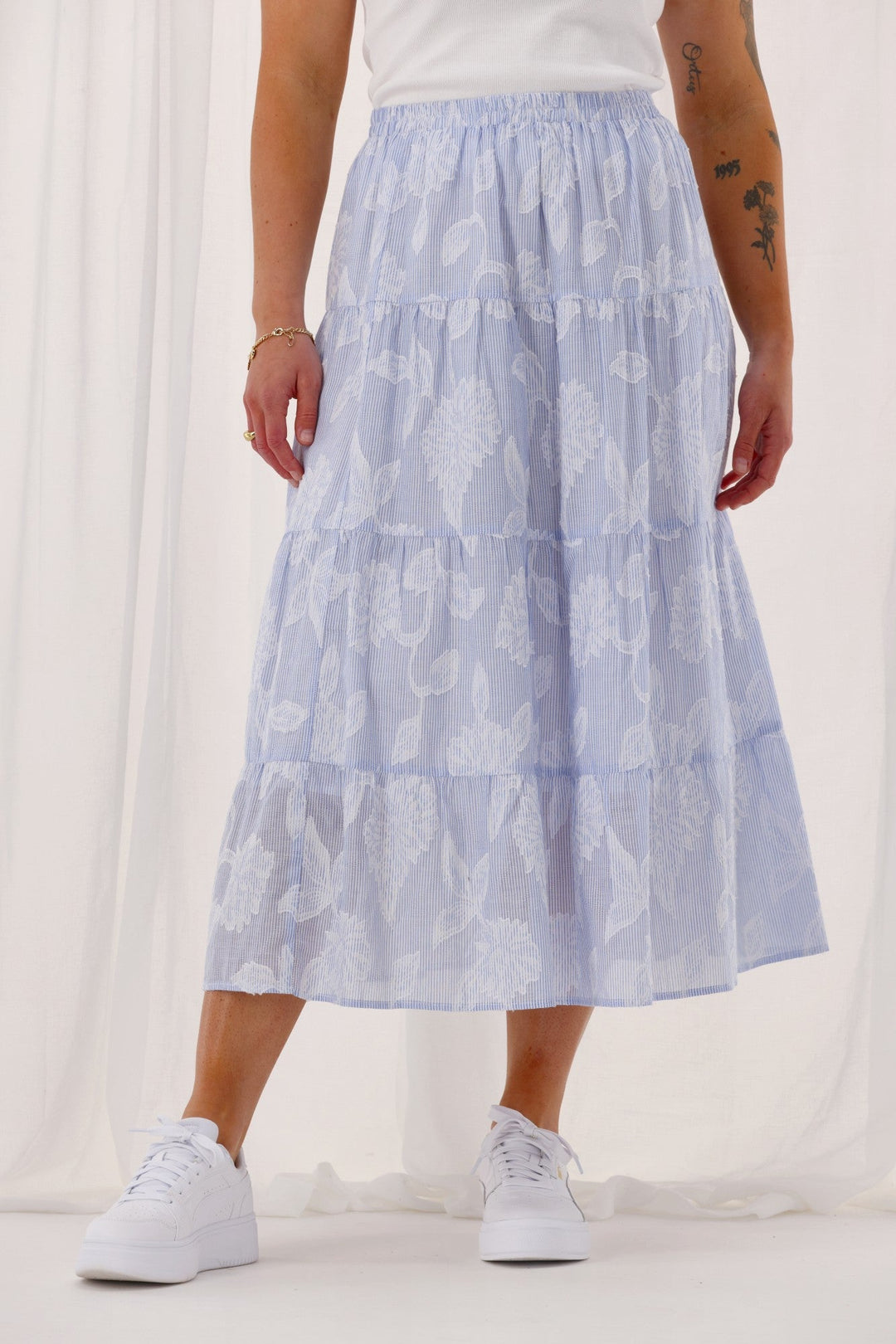 Gloss The Label Halle Tiered Skirt Flocked Blue Stripe