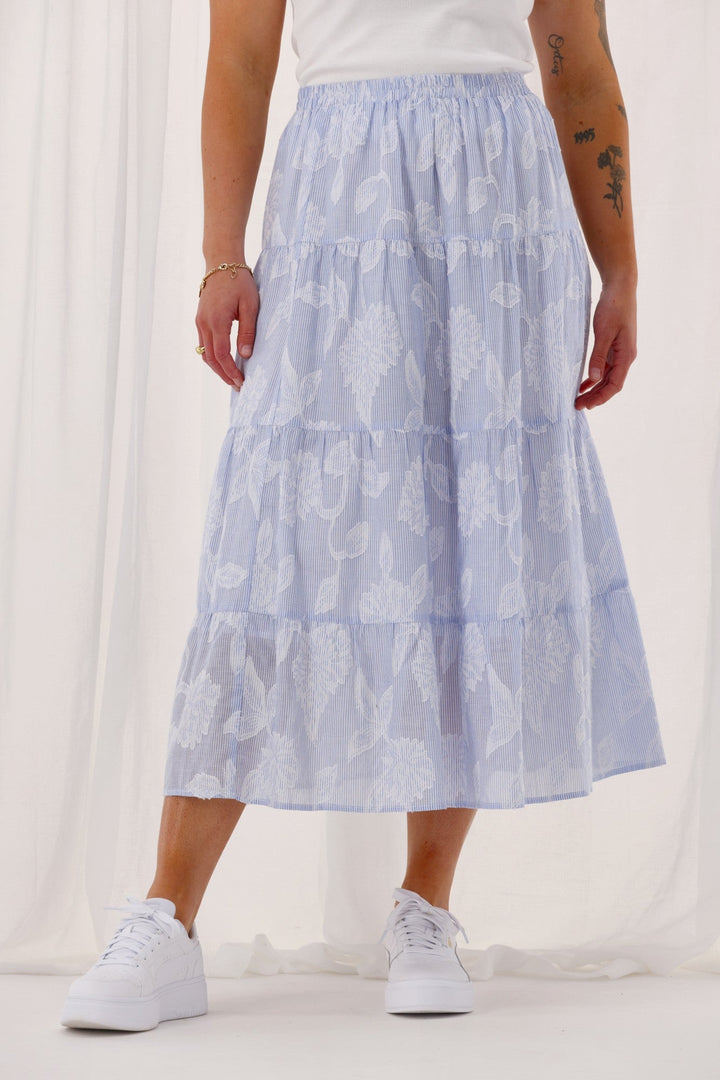 Gloss The Label Halle Tiered Skirt Flocked Blue Stripe
