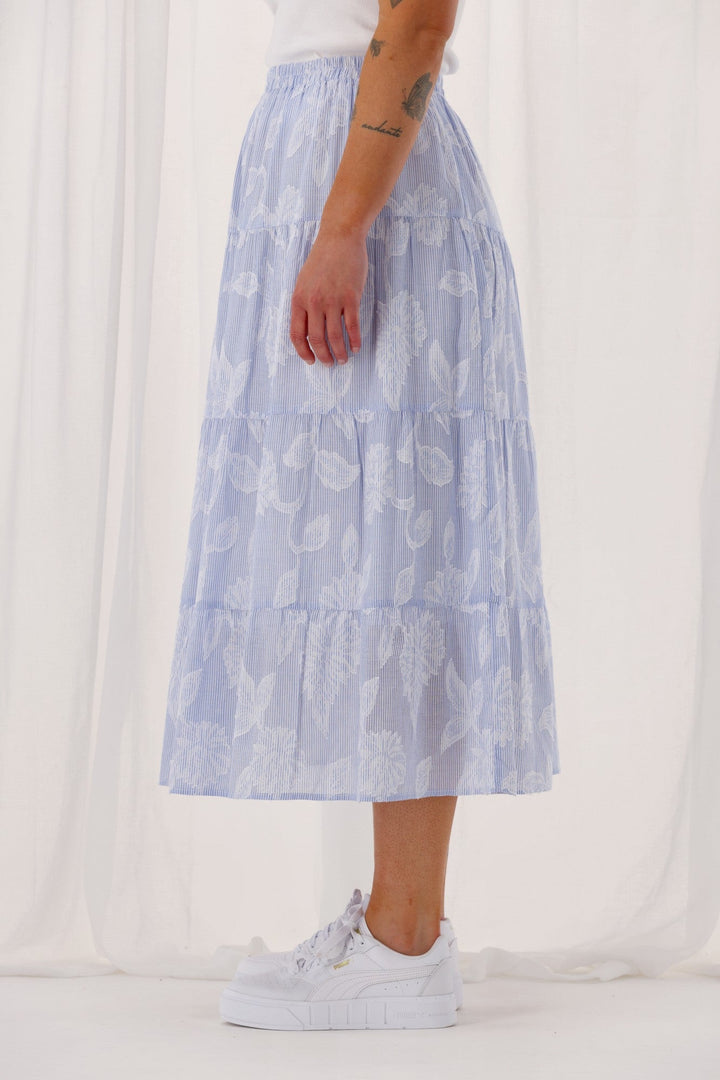 Gloss The Label Halle Tiered Skirt Flocked Blue Stripe
