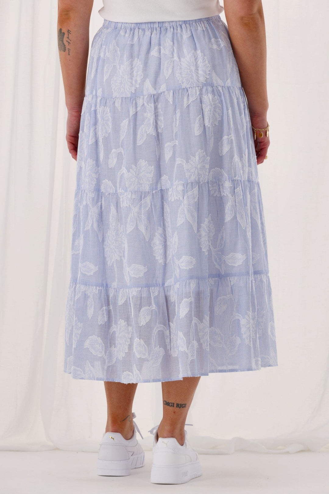 Gloss The Label Halle Tiered Skirt Flocked Blue Stripe