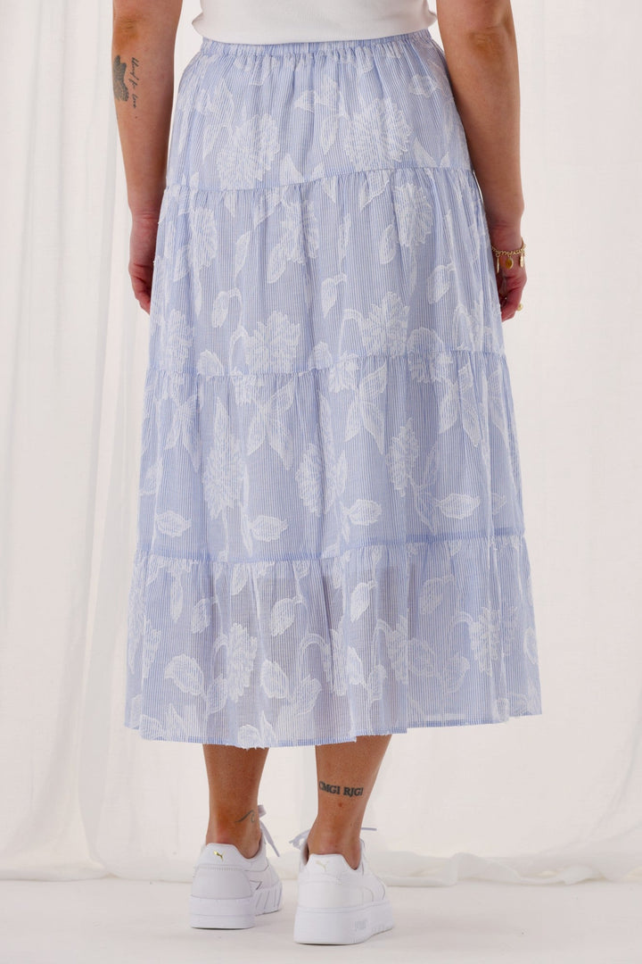 Gloss The Label Halle Tiered Skirt Flocked Blue Stripe