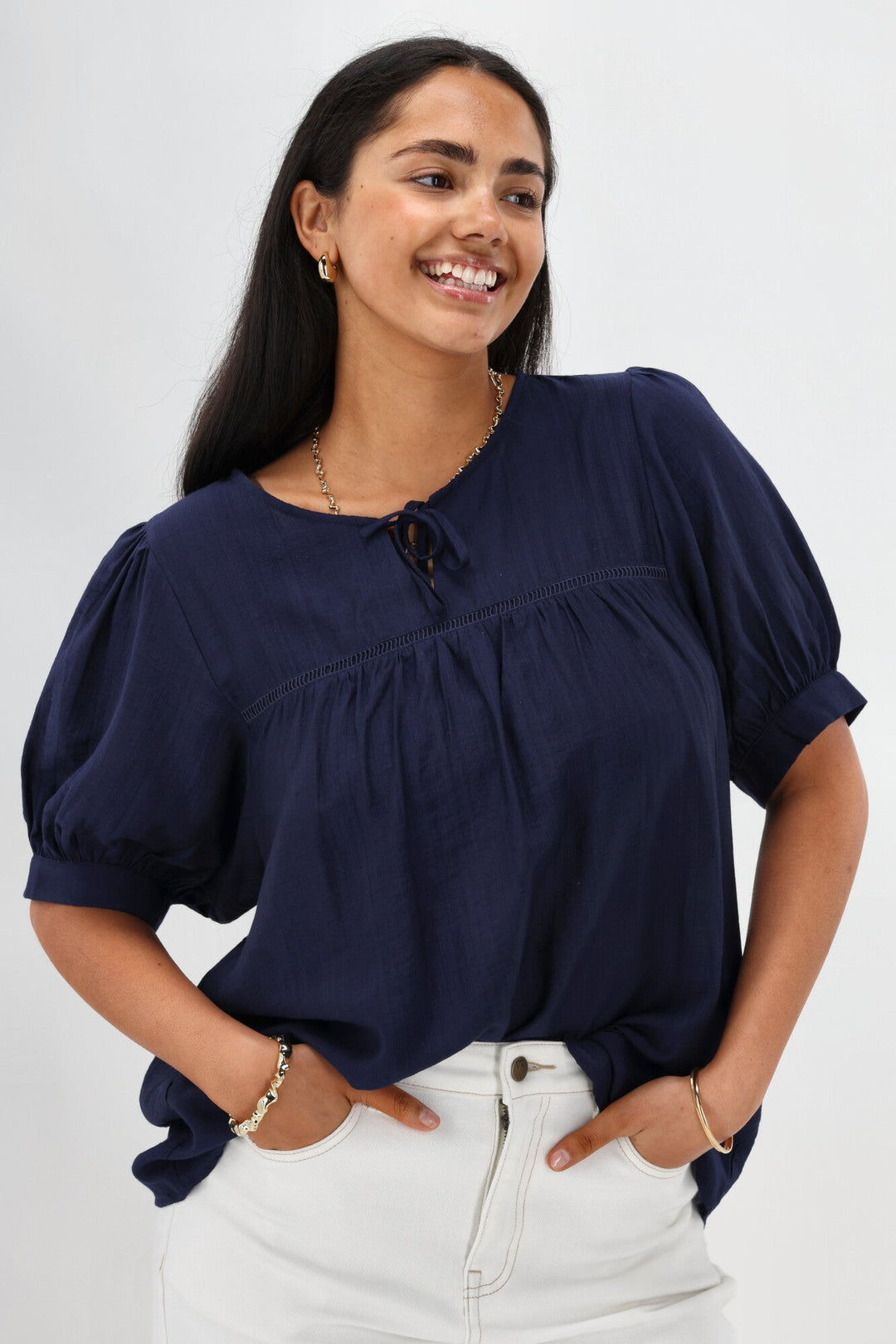 Gloss The Label Heidi Puff Sleeve Blouse Navy