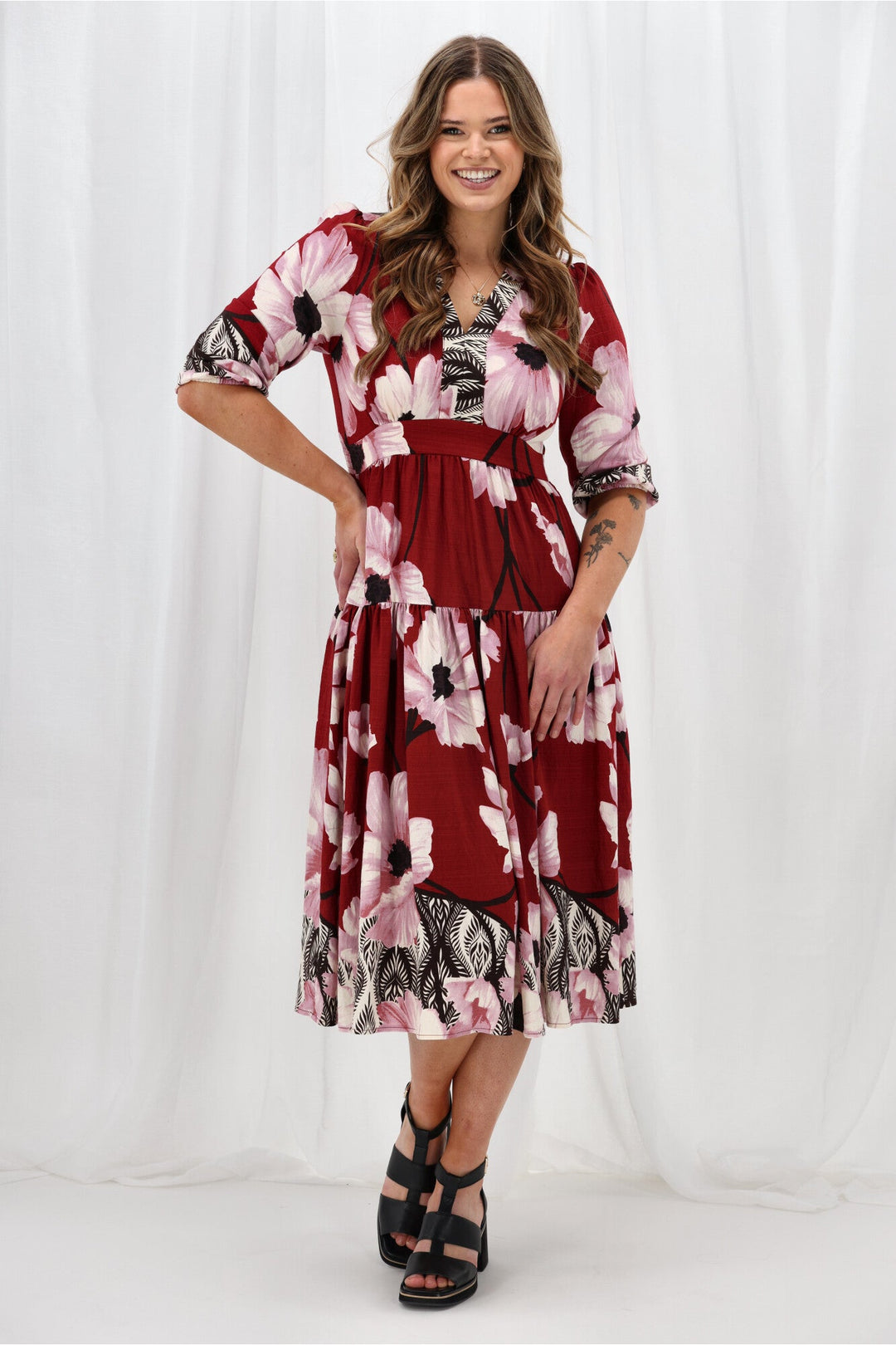 Gloss The Label Kingford Claret Print Dress