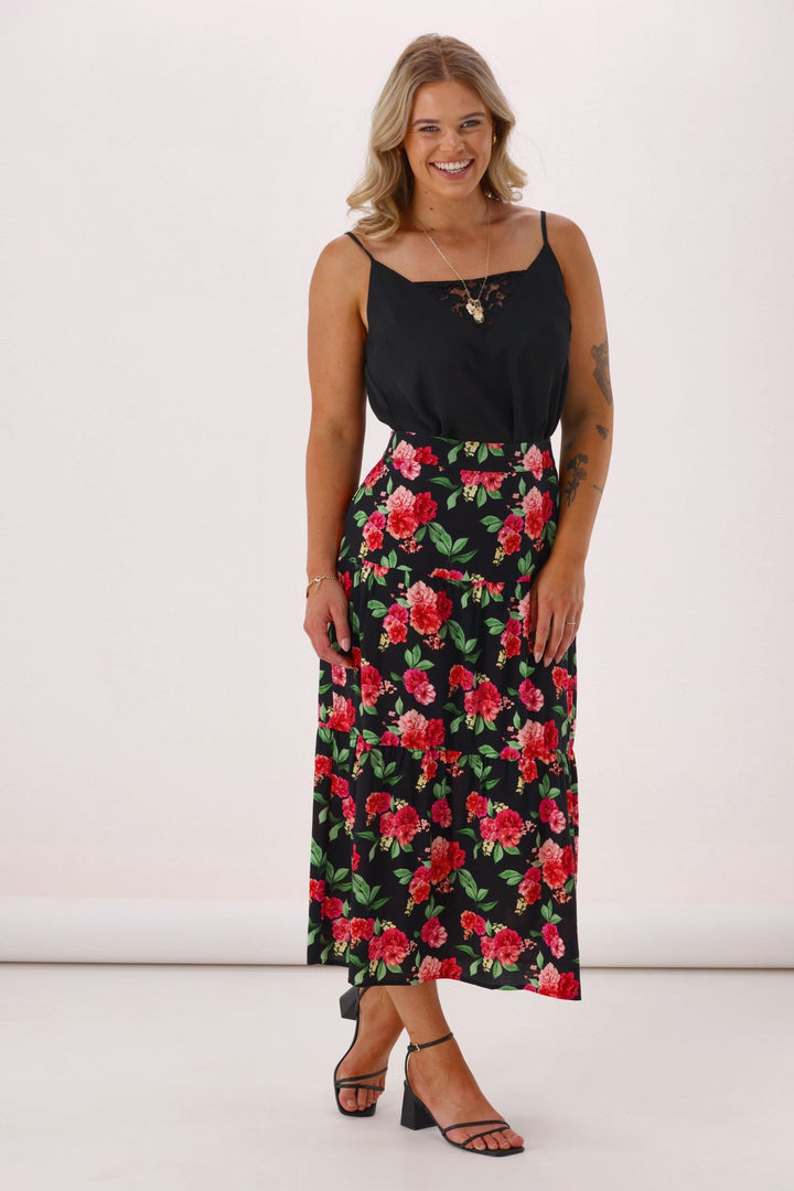 Gloss The Label Lucerne Rosewood Tiered Skirt Floral