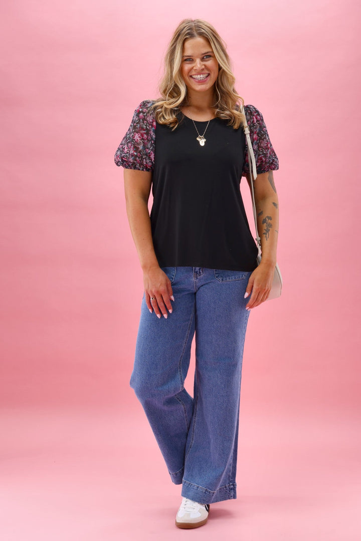 Gloss The Label Malina Contrast Sleeve Top Teal Pink Floral