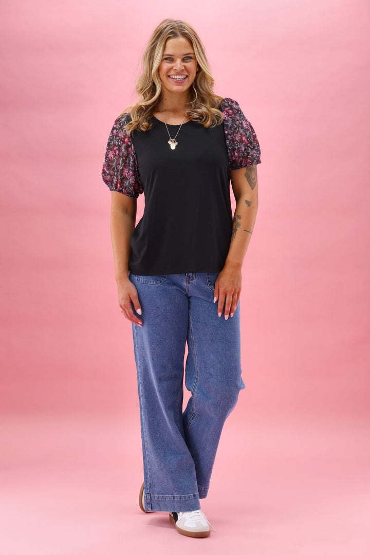 Gloss The Label Malina Contrast Sleeve Top Teal Pink Floral