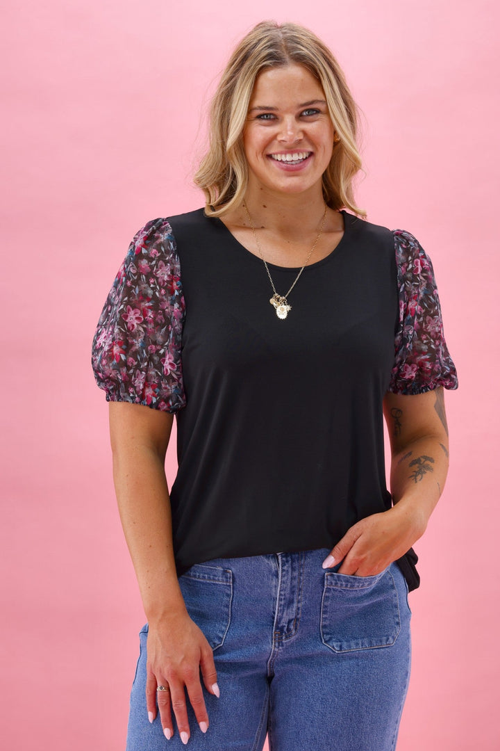Gloss The Label Malina Contrast Sleeve Top Teal Pink Floral