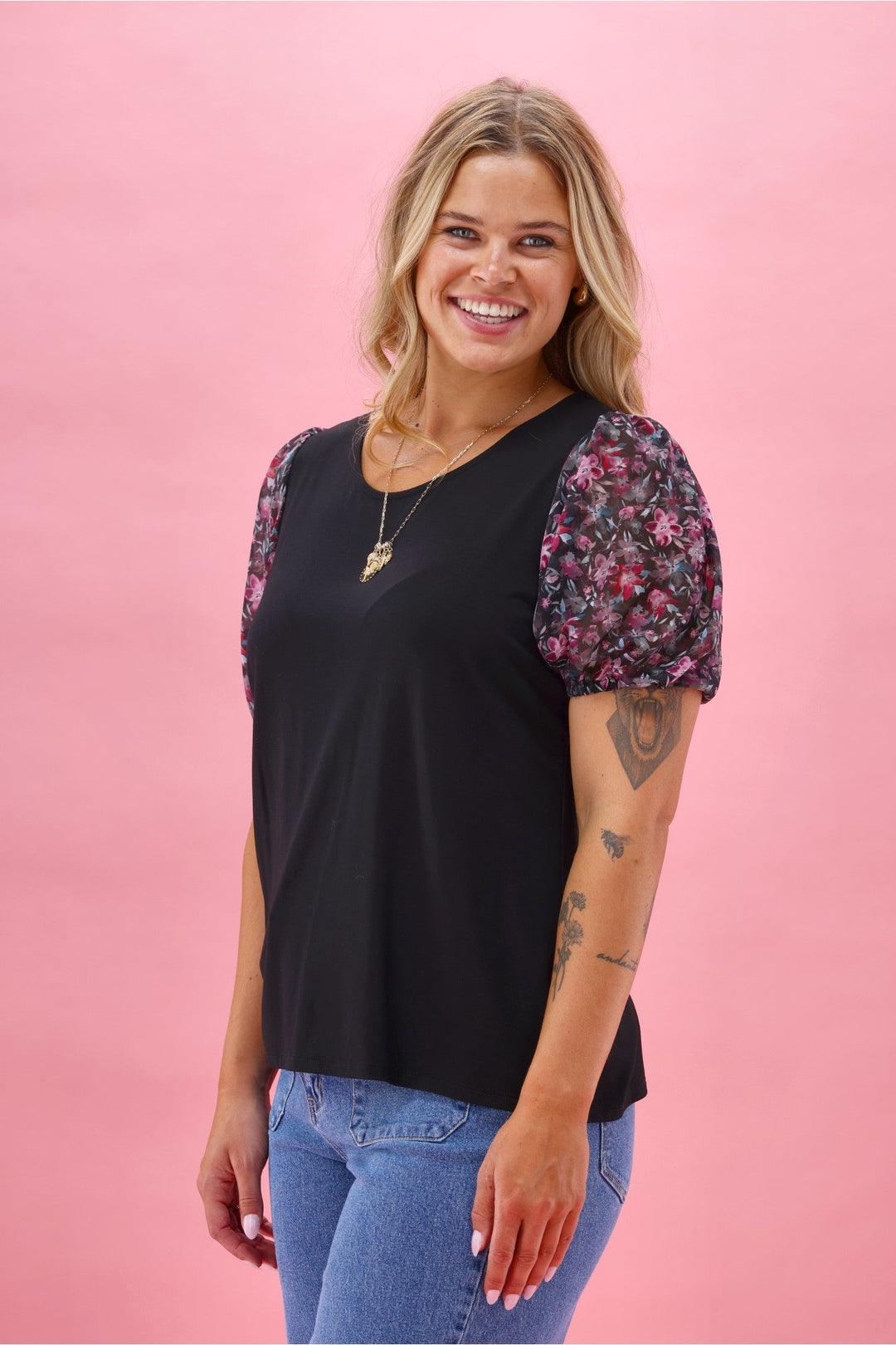 Gloss The Label Malina Contrast Sleeve Top Teal Pink Floral