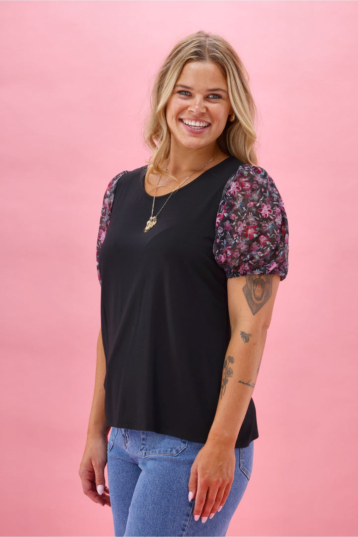 Gloss The Label Malina Contrast Sleeve Top Teal Pink Floral