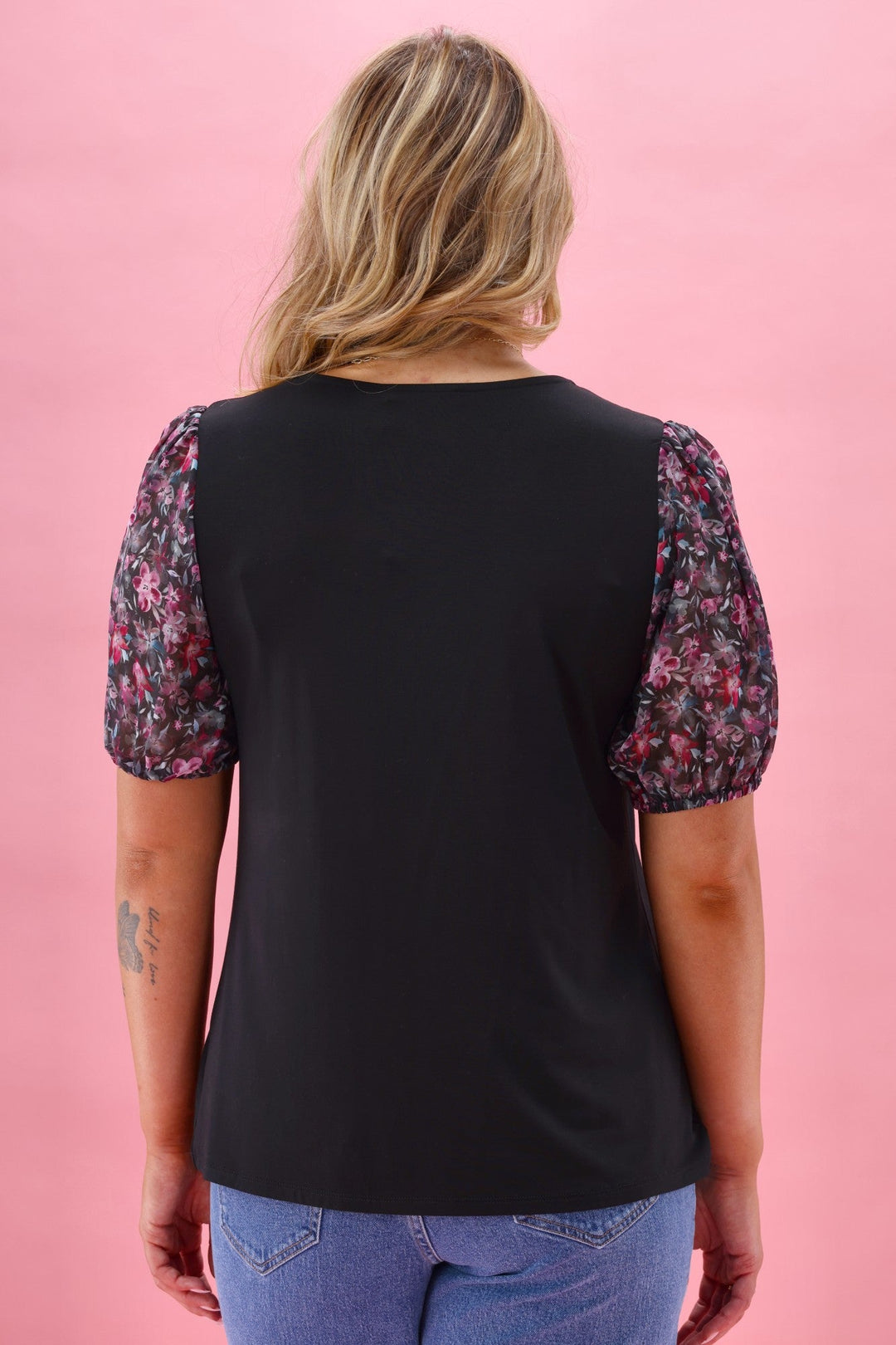 Gloss The Label Malina Contrast Sleeve Top Teal Pink Floral