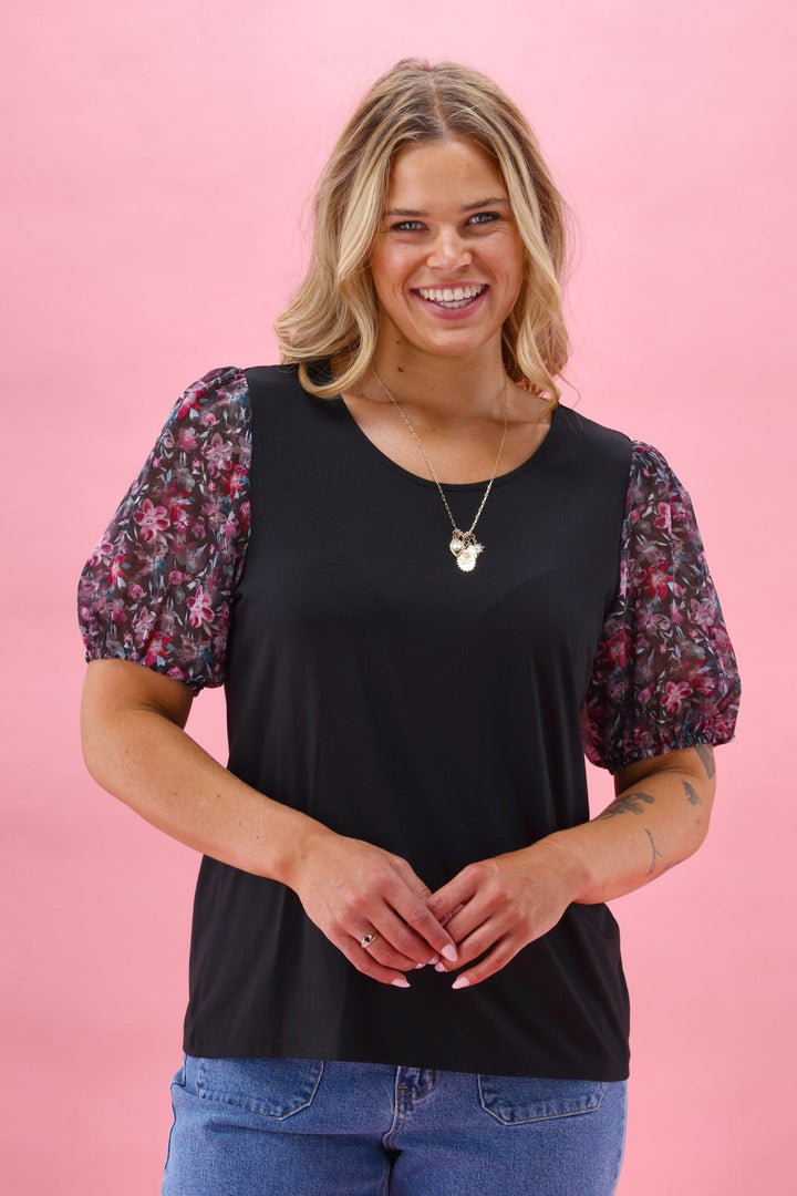 Gloss The Label Malina Contrast Sleeve Top Teal Pink Floral