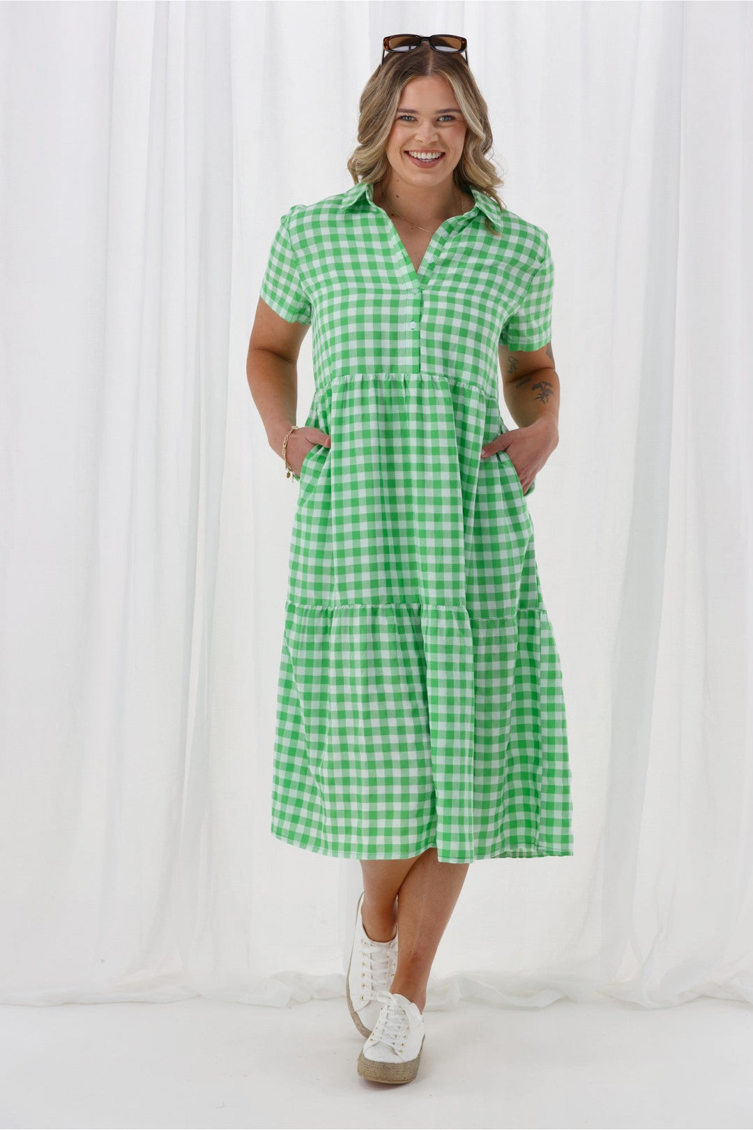 Gloss The Label Nadia Dress Green White Gingham