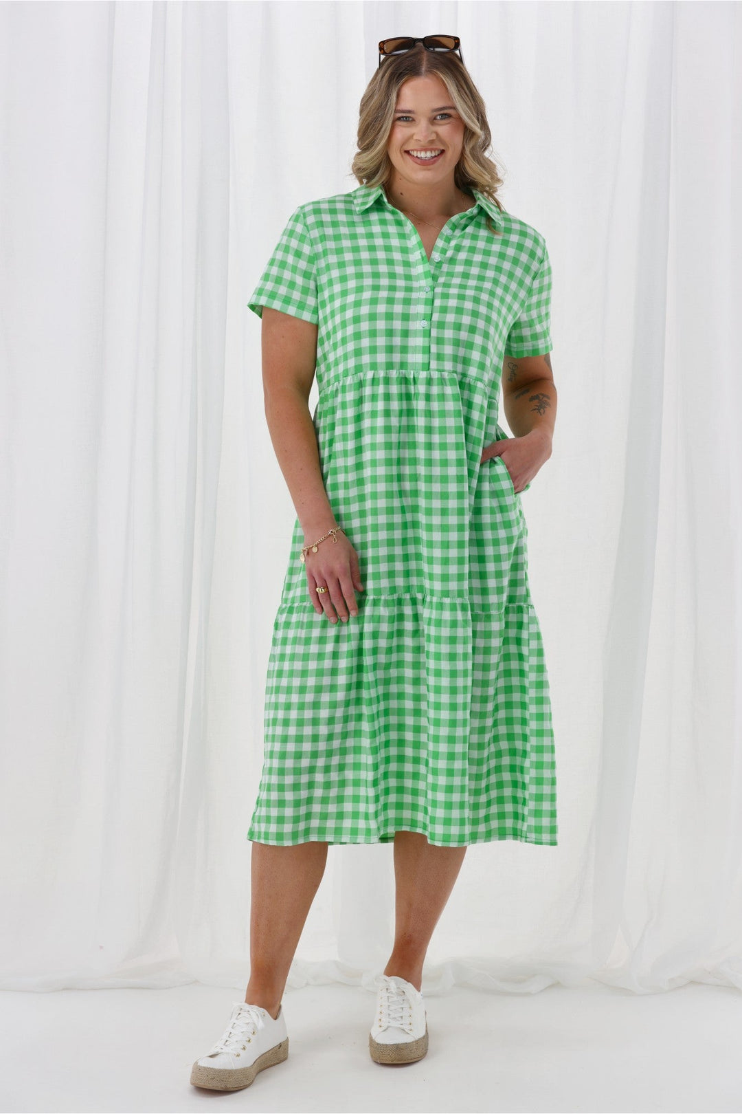 Gloss The Label Nadia Dress Green White Gingham