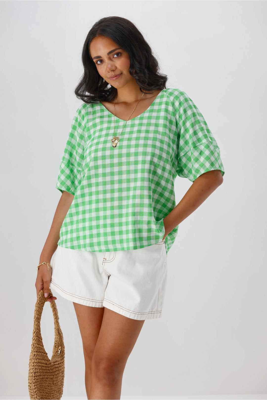 Gloss The Label Nadia Top Green White Gingham
