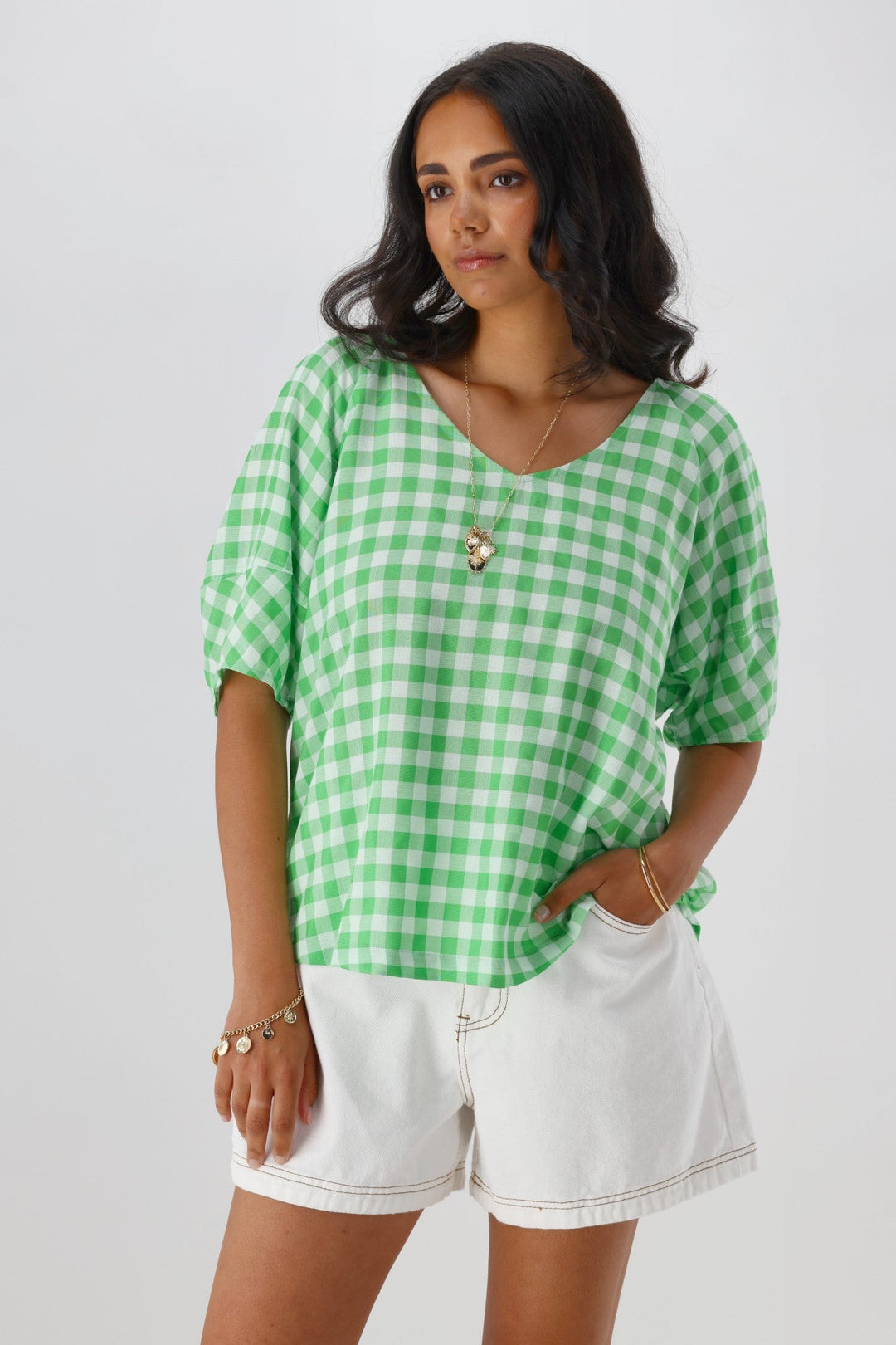 Gloss The Label Nadia Top Green White Gingham
