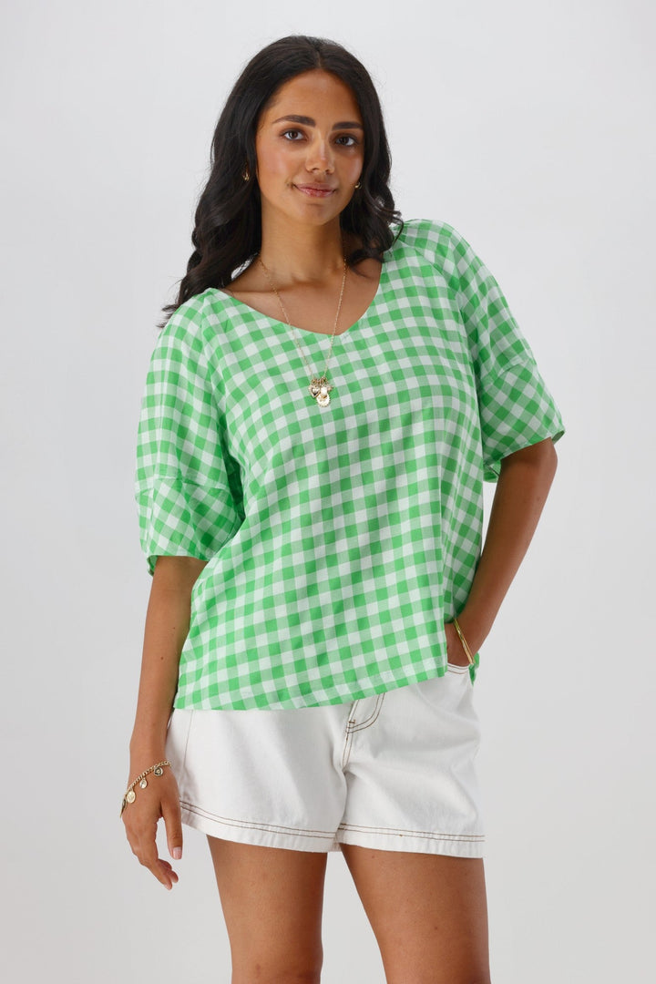 Gloss The Label Nadia Top Green White Gingham