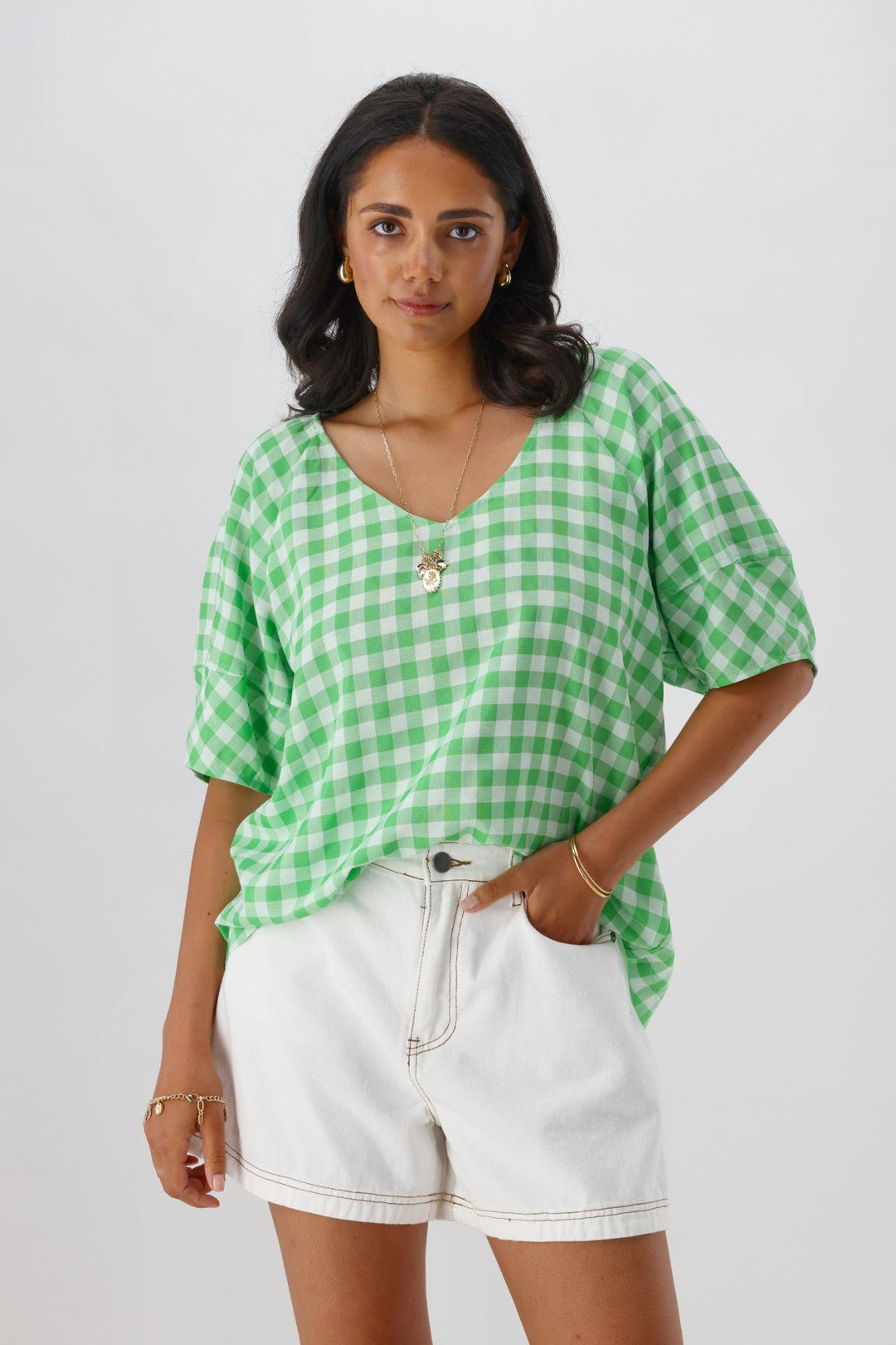Gloss The Label Nadia Top Green White Gingham