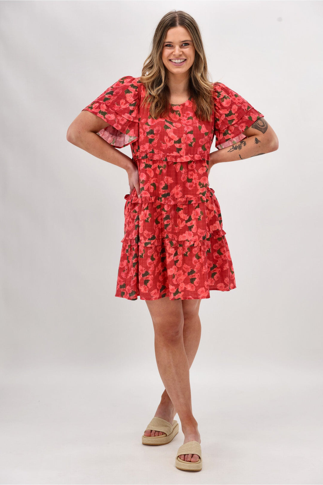 Gloss The Label Nayala Ruffle Tier Dress Coral Red Print