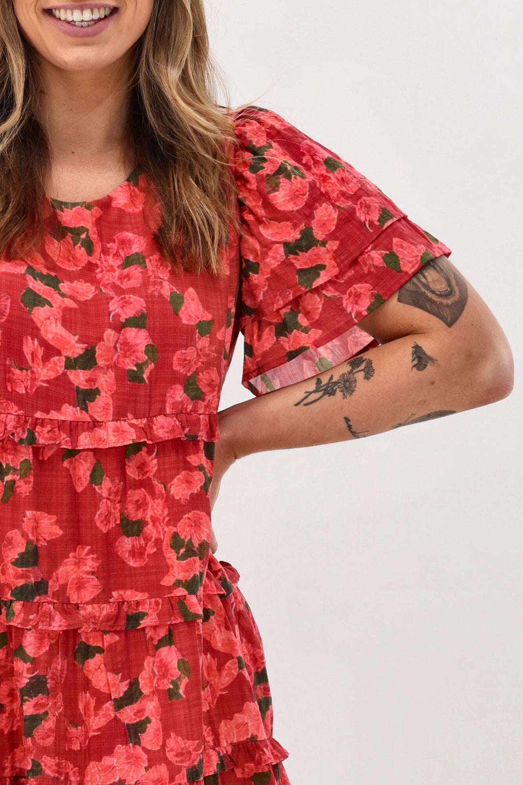 Gloss The Label Nayala Ruffle Tier Dress Coral Red Print