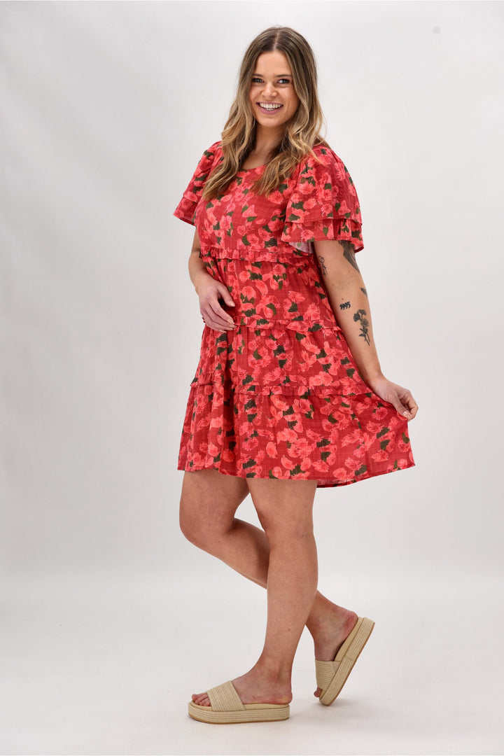 Gloss The Label Nayala Ruffle Tier Dress Coral Red Print