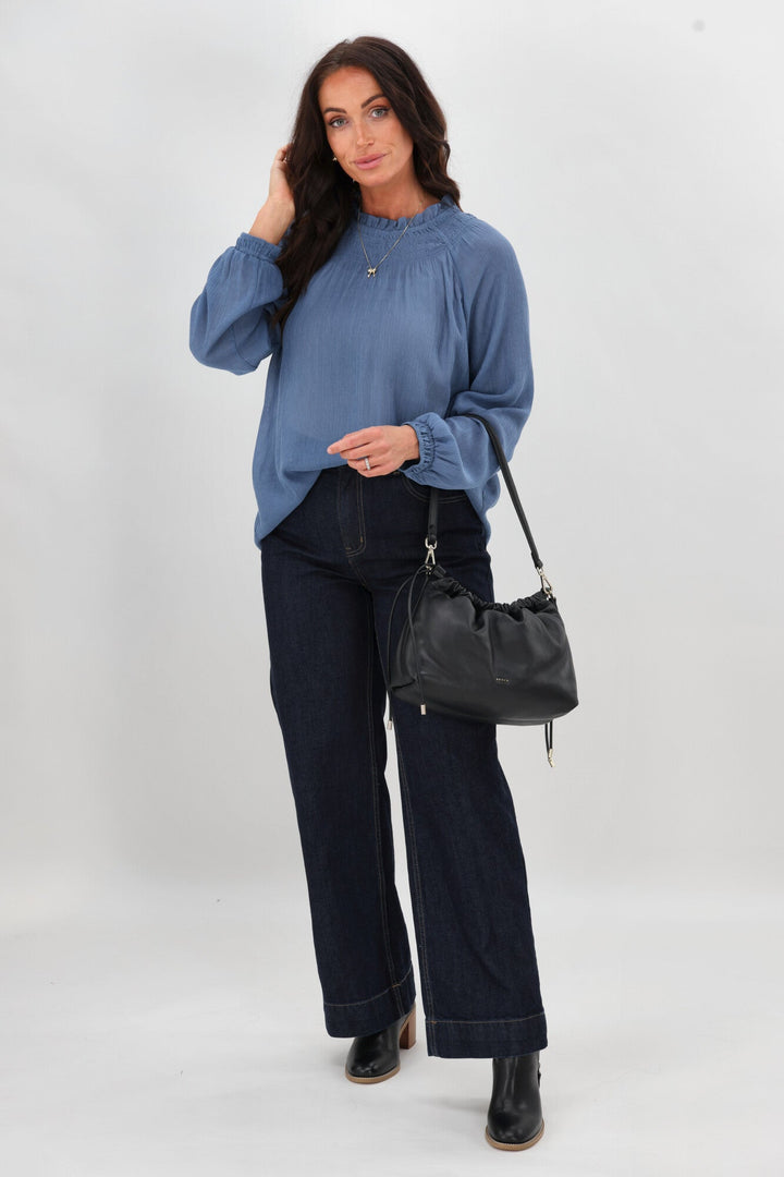 Gloss The  Label Nell Shirred Neck Top Blue