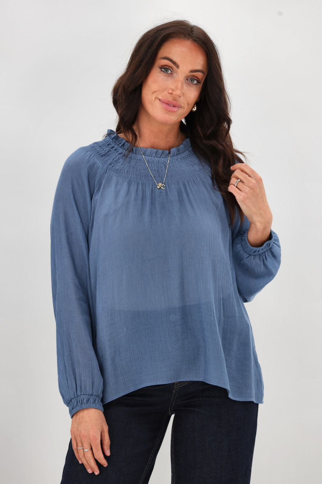 Gloss The  Label Nell Shirred Neck Top Blue