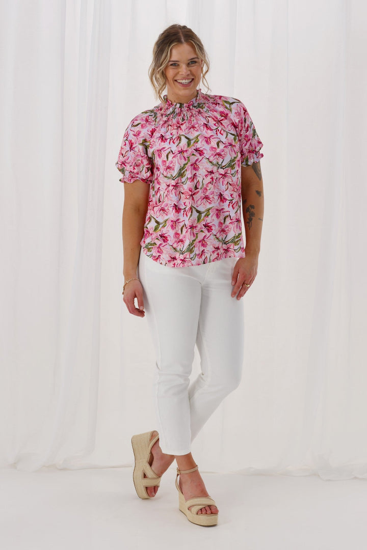 Gloss The Label Nytrah Textured Puff Sleeve Top Pink Floral