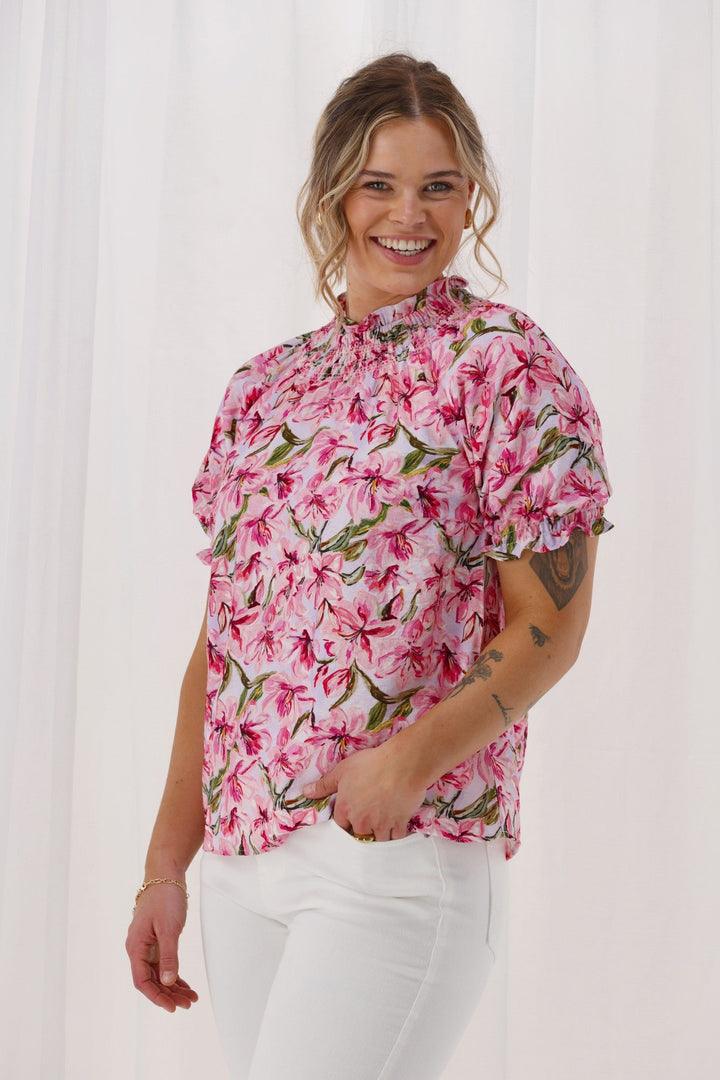 Gloss The Label Nytrah Textured Puff Sleeve Top Pink Floral