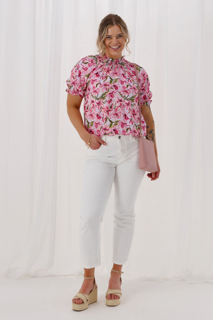 Gloss The Label Nytrah Textured Puff Sleeve Top Pink Floral