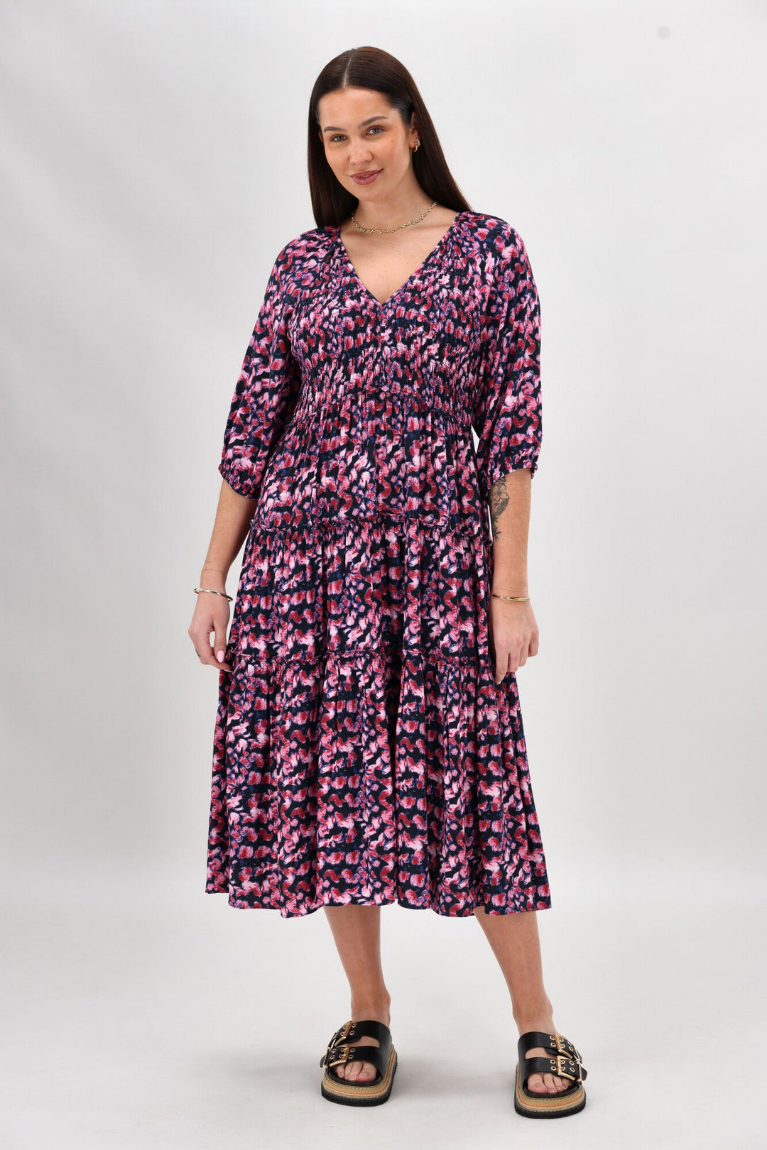 Gloss The Label On Saddah Angle Shirred Bodice Dress Pink Abstract Print