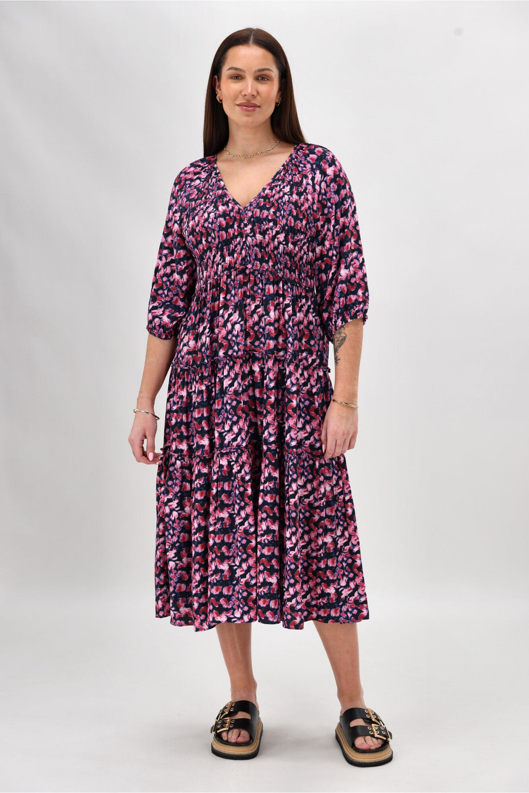 Gloss The Label On Saddah Angle Shirred Bodice Dress Pink Abstract Print