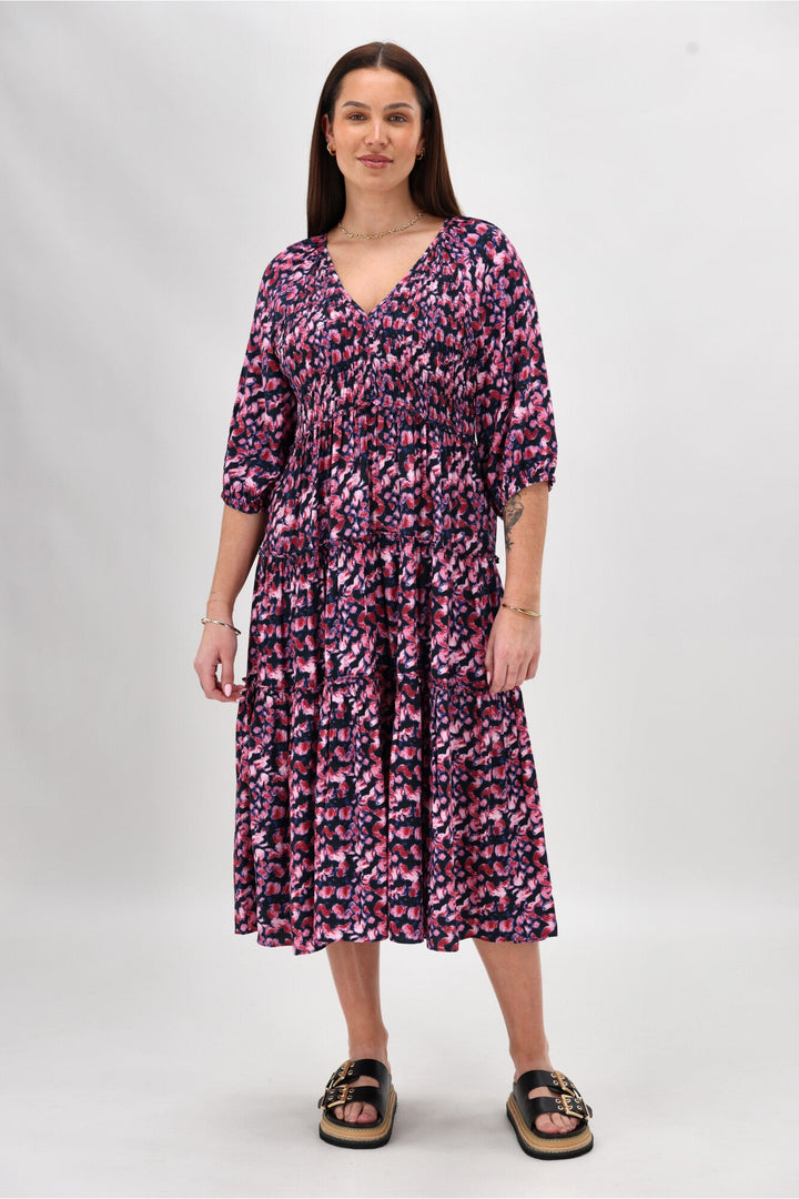 Gloss The Label On Saddah Angle Shirred Bodice Dress Pink Abstract Print