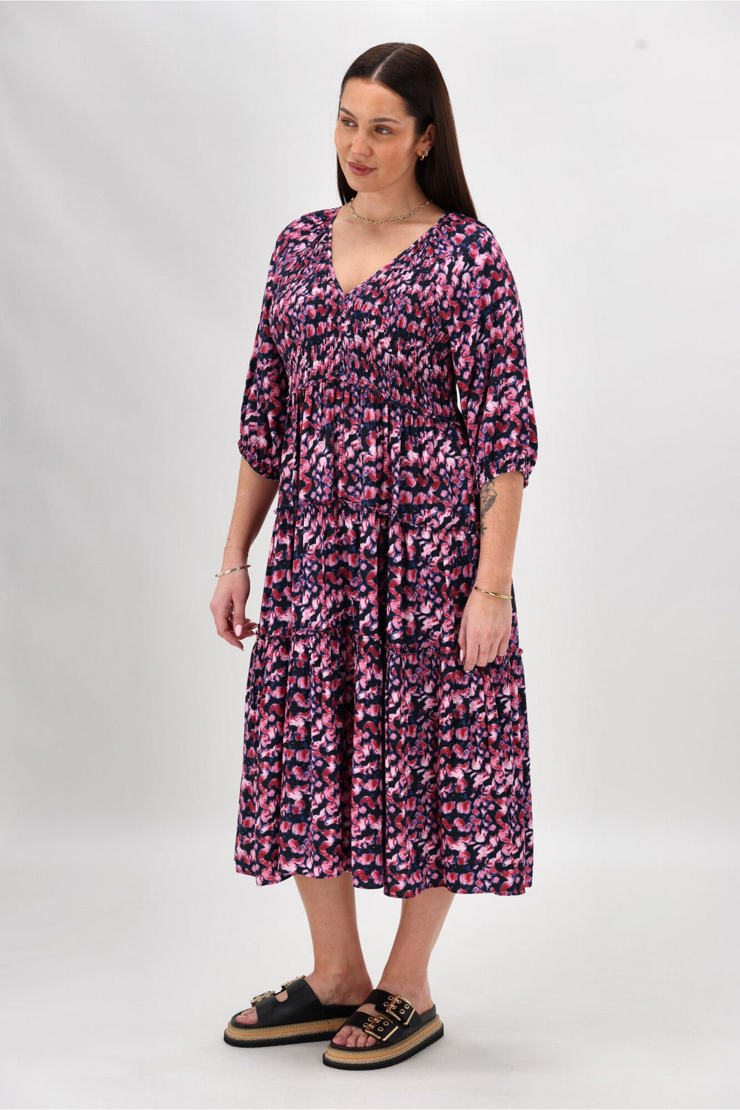 Gloss The Label On Saddah Angle Shirred Bodice Dress Pink Abstract Print