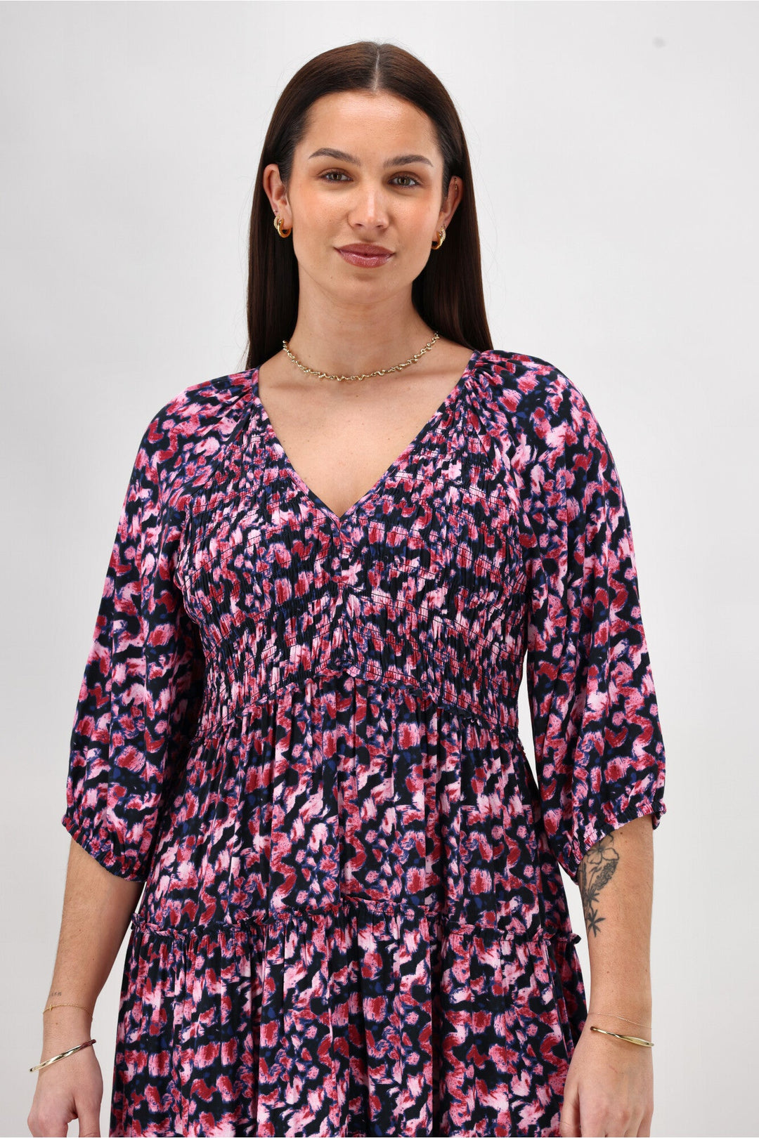 Gloss The Label On Saddah Angle Shirred Bodice Dress Pink Abstract Print
