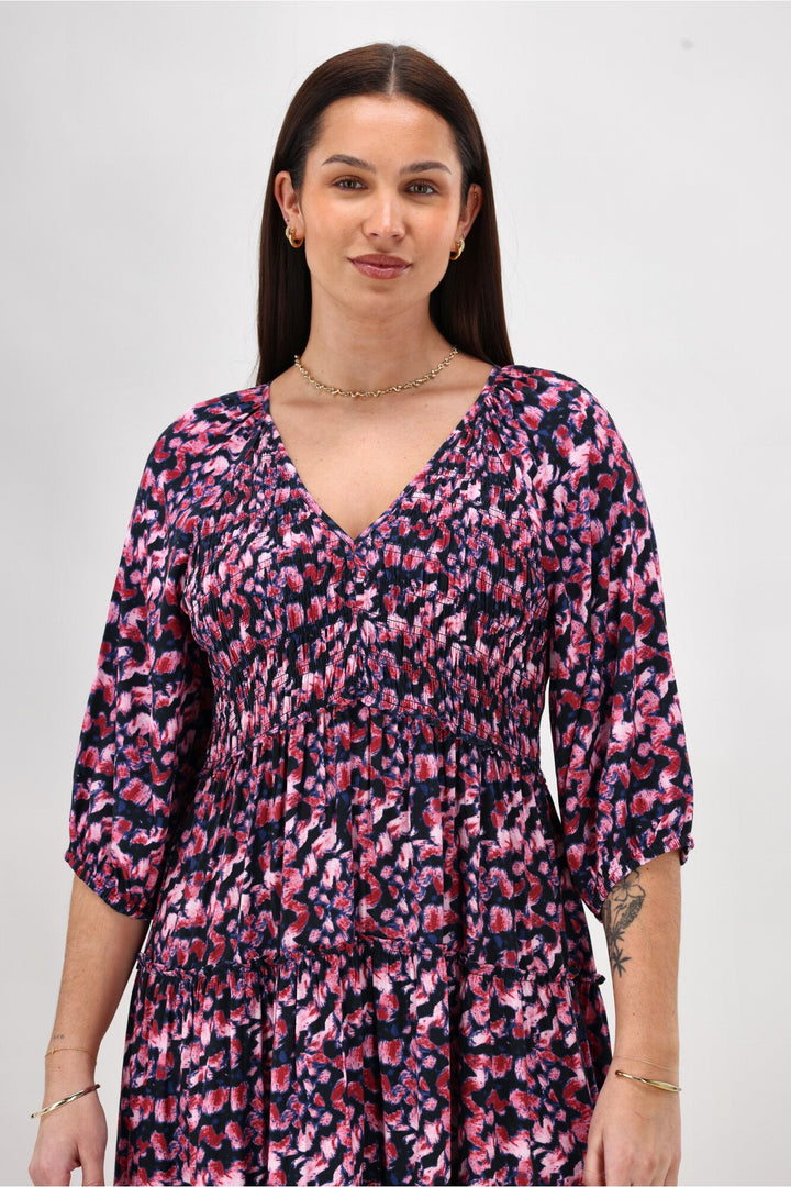 Gloss The Label On Saddah Angle Shirred Bodice Dress Pink Abstract Print