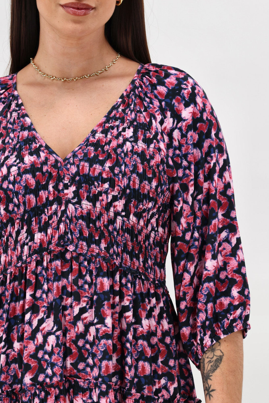 Gloss The Label On Saddah Angle Shirred Bodice Dress Pink Abstract Print