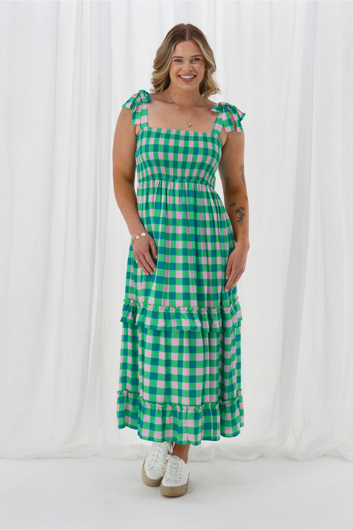 Gloss The Label Payton Tiered Dress Green Check