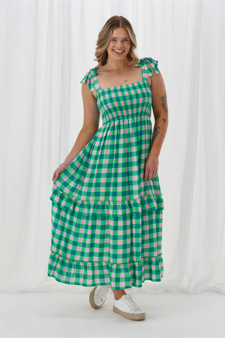 Gloss The Label Payton Tiered Dress Green Check
