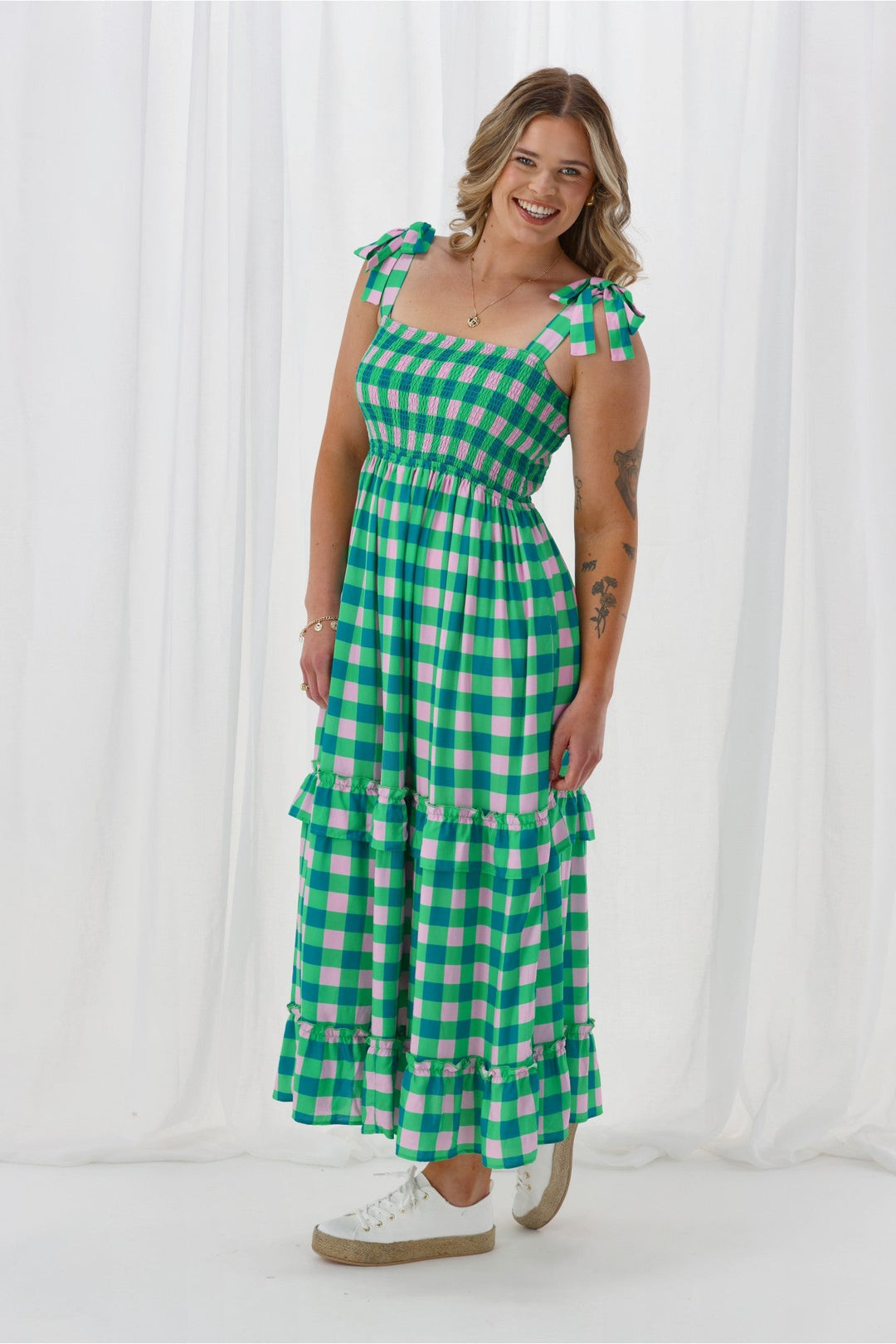 Gloss The Label Payton Tiered Dress Green Check