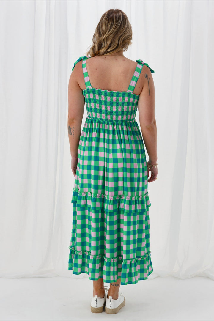 Gloss The Label Payton Tiered Dress Green Check