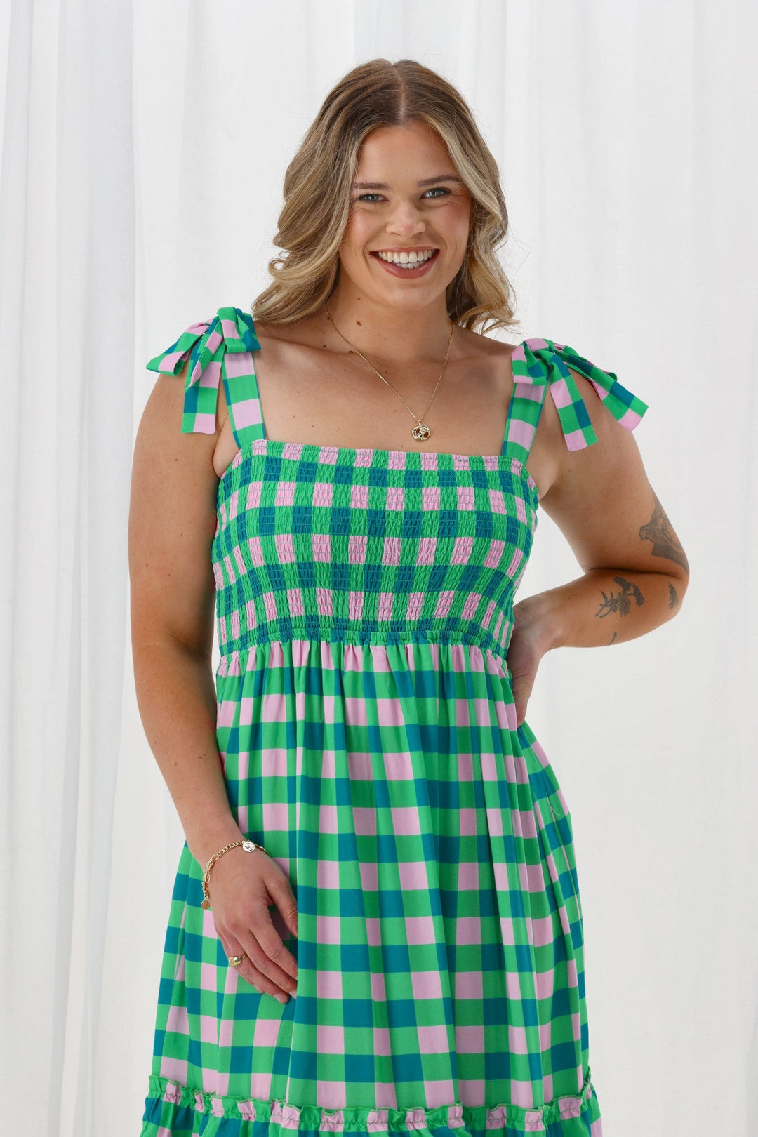 Gloss The Label Payton Tiered Dress Green Check
