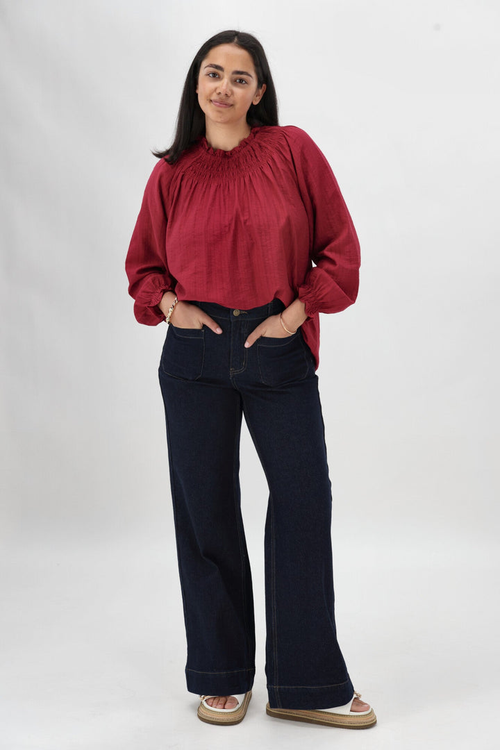 Gloss The Label Raewyn Shirred Neck Top Cranberry