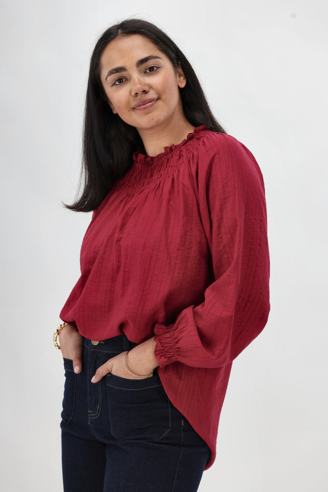 Gloss The Label Raewyn Shirred Neck Top Cranberry