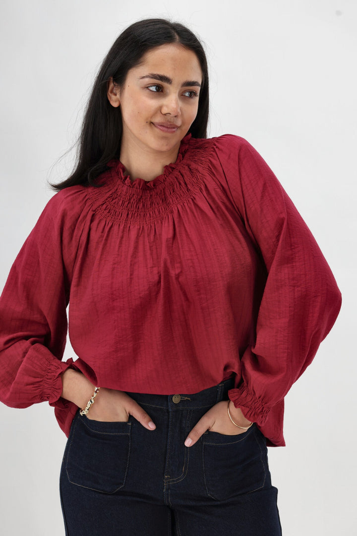 Gloss The Label Raewyn Shirred Neck Top Cranberry