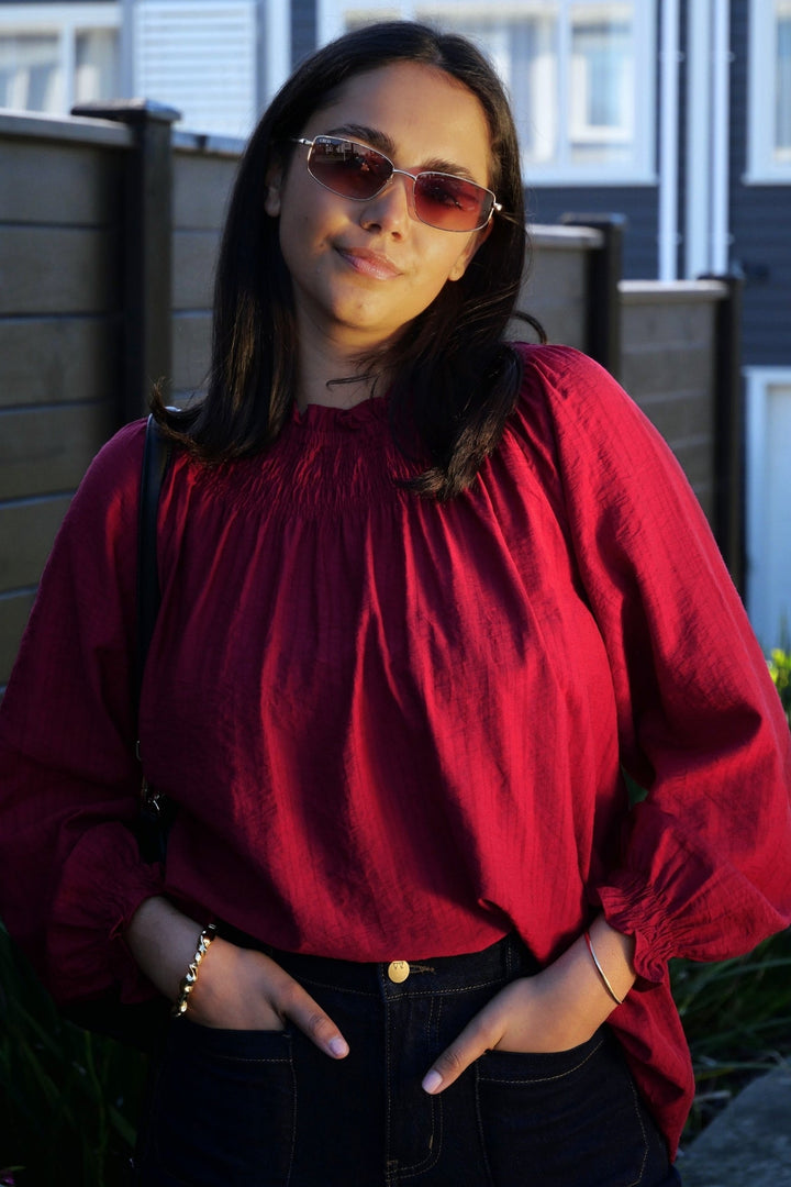Gloss The Label Raewyn Shirred Neck Top Cranberry