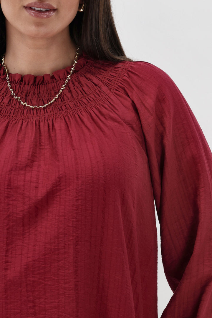 Gloss The Label Raewyn Shirred Neck Top Cranberry