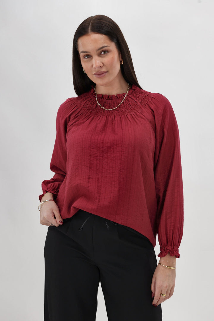 Gloss The Label Raewyn Shirred Neck Top Cranberry