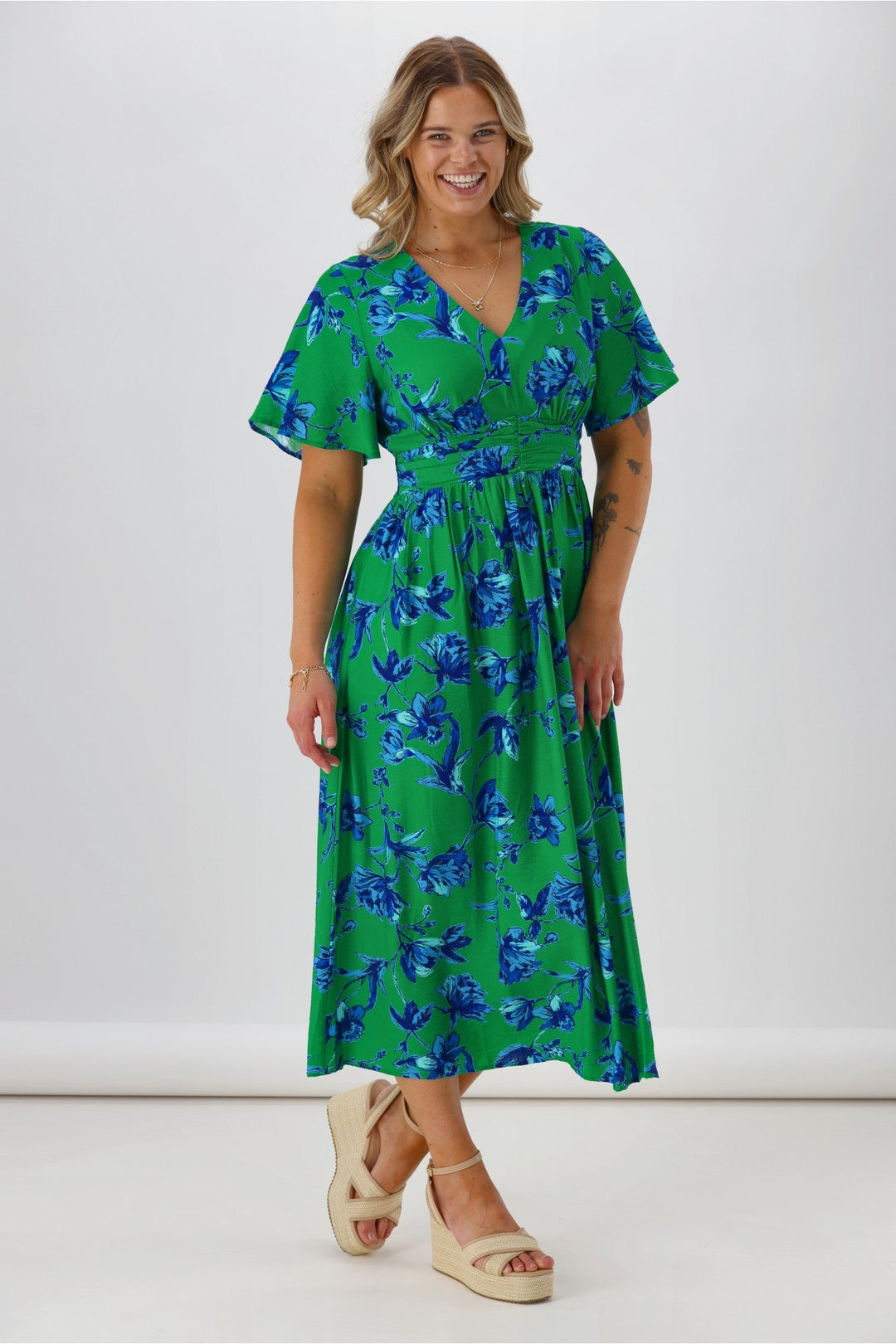 Gloss The Label Rohan Flutter Sleeve Dress Green Floral